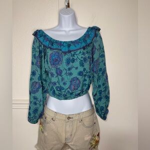 Pink diamond Teal Floral Off-Shoulder Ruched Crop Top size L new with tag